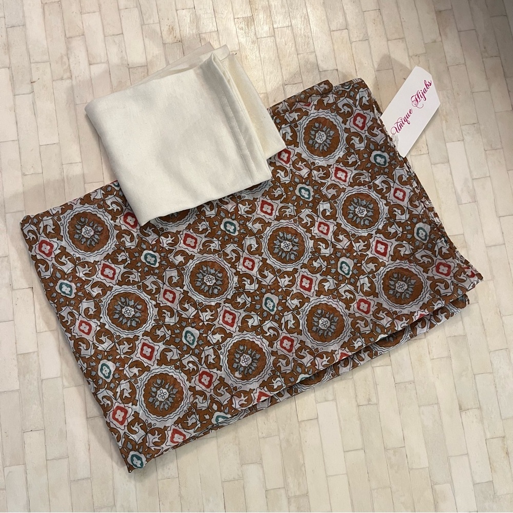 Unique Hijabs Rectangle Brown and Cream Patterned Hijab with Tube Undercap